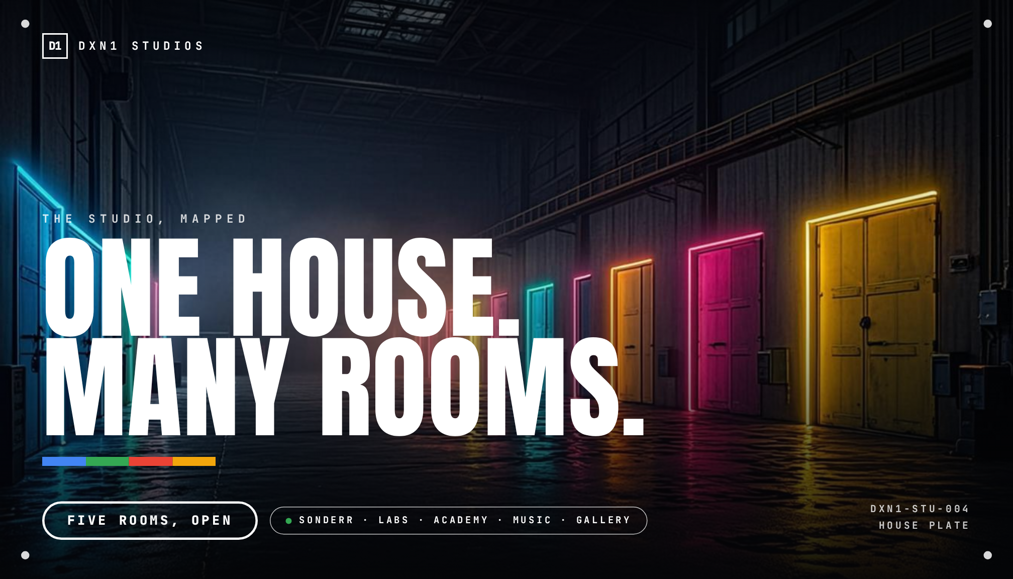 One house, many rooms — a dark industrial hall lined with doors edged in blue, green, red and amber neon under huge ONE HOUSE. MANY ROOMS. lettering