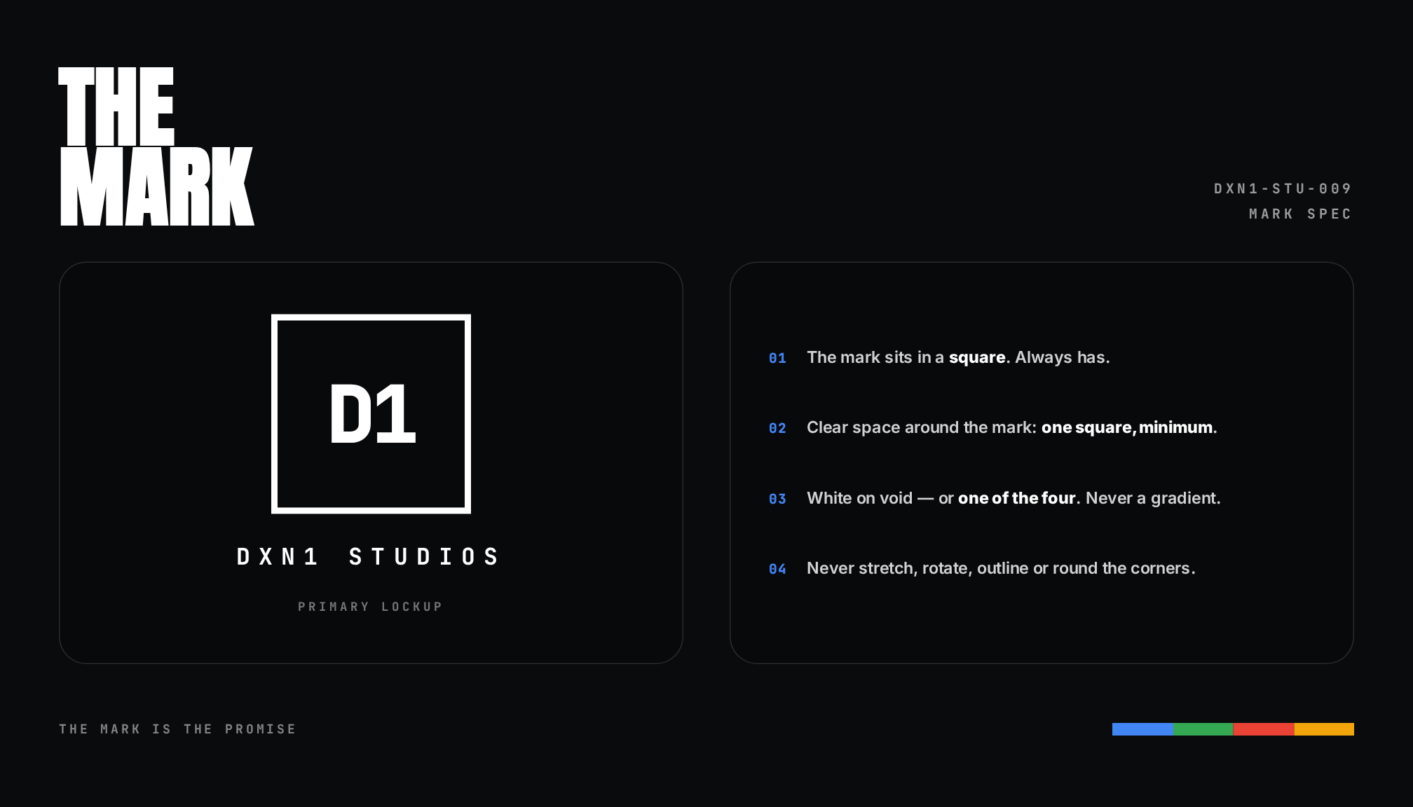 The mark spec sheet — the D1 square mark and DXN1 Studios lockup beside four usage rules on black