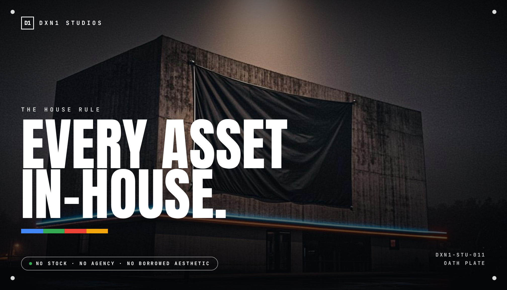 Oath plate — a colossal black flag on a brutalist building with blue and amber light seams under EVERY ASSET IN-HOUSE lettering