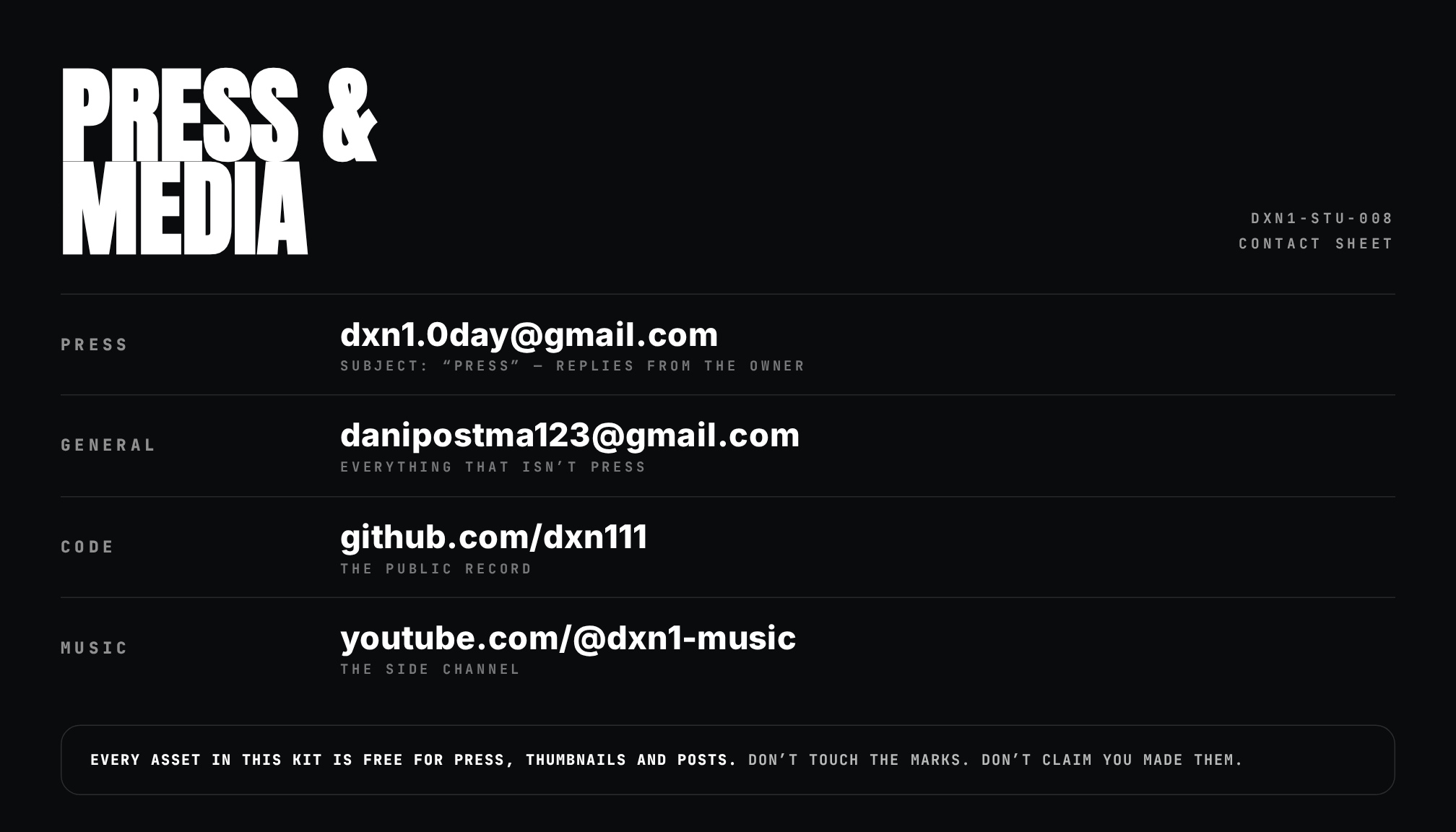 Press and media contact sheet — press and general emails, GitHub and YouTube addresses on a black spec sheet