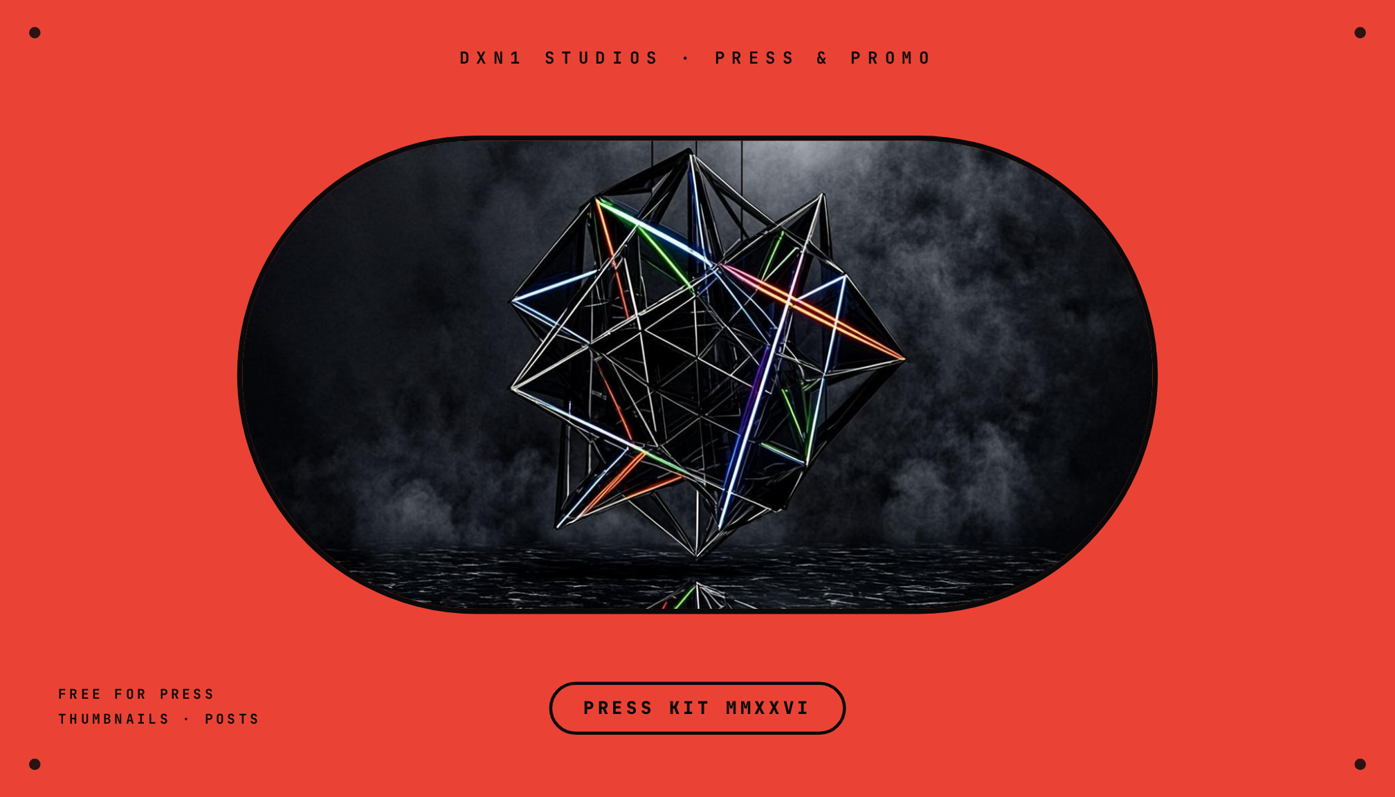 Press block — the glass-shard sculpture inside a black stadium shape on a solid DXN1 red field, Press Kit MMXXVI oval badge